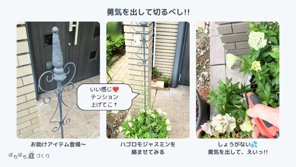 ガーデンピックにハゴロモジャスミンを絡めてテンションを上げ、勇気を出して切る