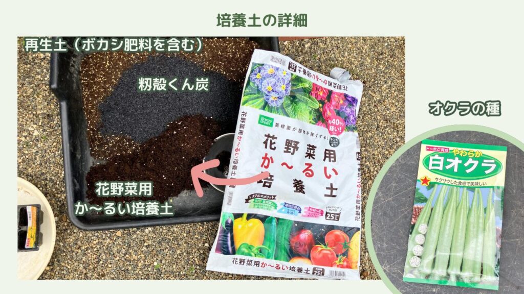 再生土ブレンドと籾殻くん炭を混ぜた土