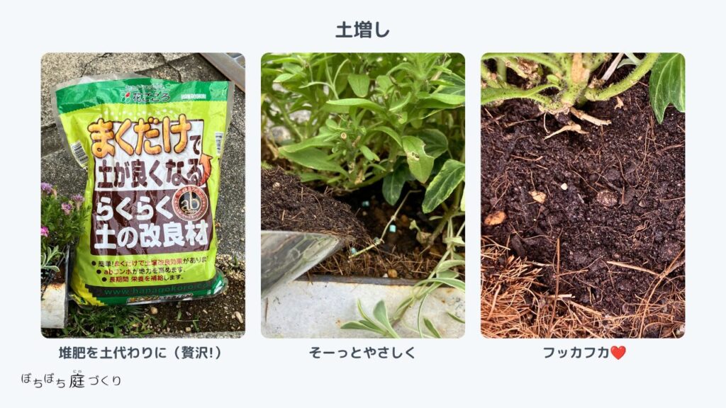 土が減ったハンギングに土の改良材を足す（土増し）