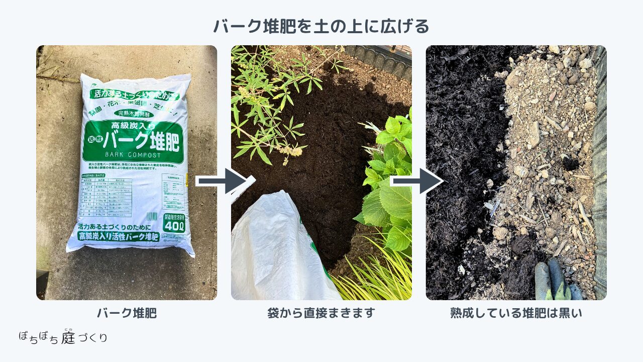 バーク堆肥を袋から直接、土の上に広げる
