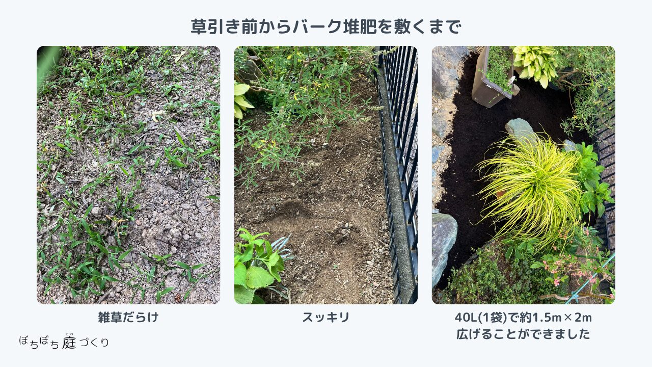 草取り前からバーク堆肥を敷くまで(雑草だらけからスッキリへ)
