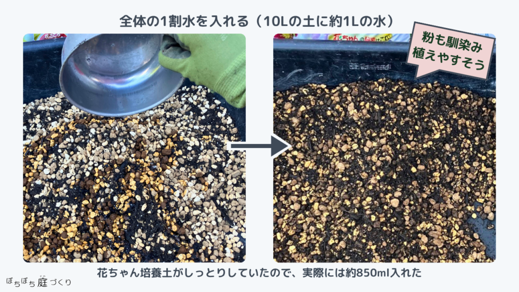 混ぜた土に全体の1割を目安に水を入れる