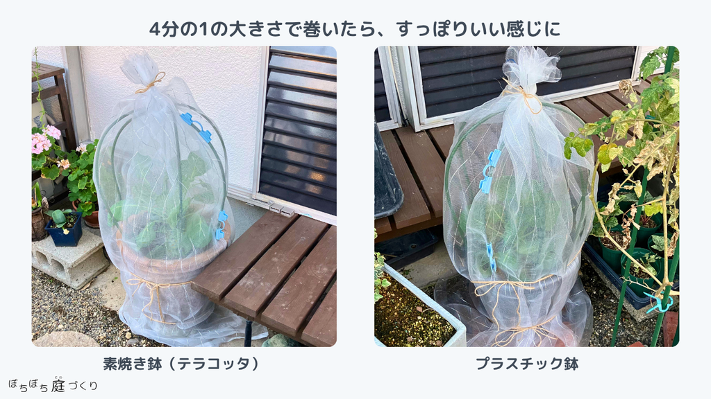 4分の1の大きさで巻いた防虫ネット。素焼き鉢とプラスチック鉢